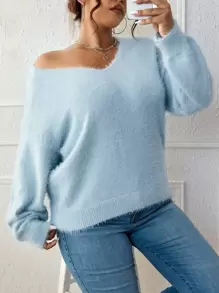 Flirla Plus Drop Shoulder Fluffy Knit Jumper - Baby Blue - View 5