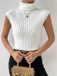 SHEIN Essnce Turtleneck Ribbed Knit Sweater Vest - White - View 4