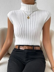 SHEIN Essnce Turtleneck Ribbed Knit Sweater Vest - White - View 5