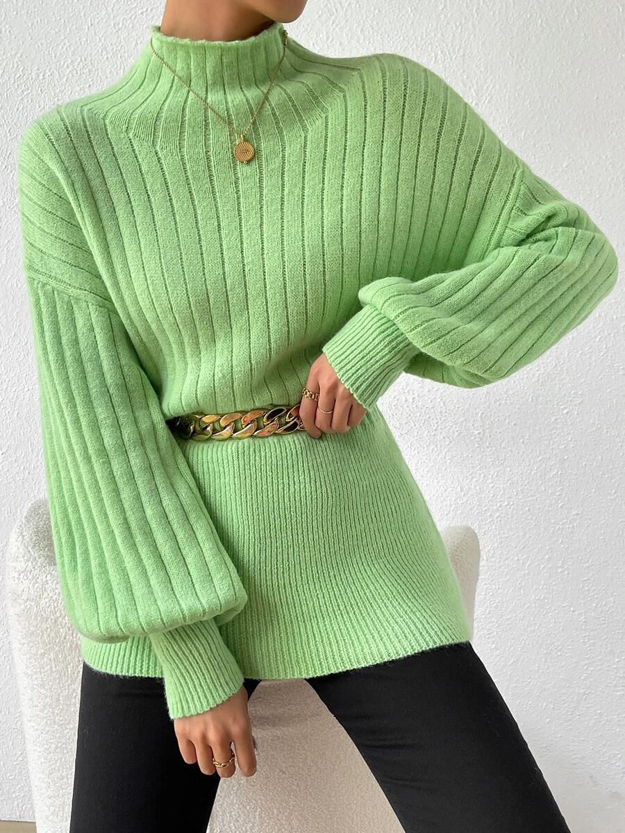 Mock Neck Drop Shoulder Jumper Without Belt - Green - View 1