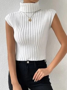SHEIN Essnce Turtleneck Ribbed Knit Sweater Vest - White - View 6
