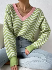 SHEIN Unity 鋸齒圖案拼接邊落肩袖套頭毛衣 - 青檸色 - 查看 1