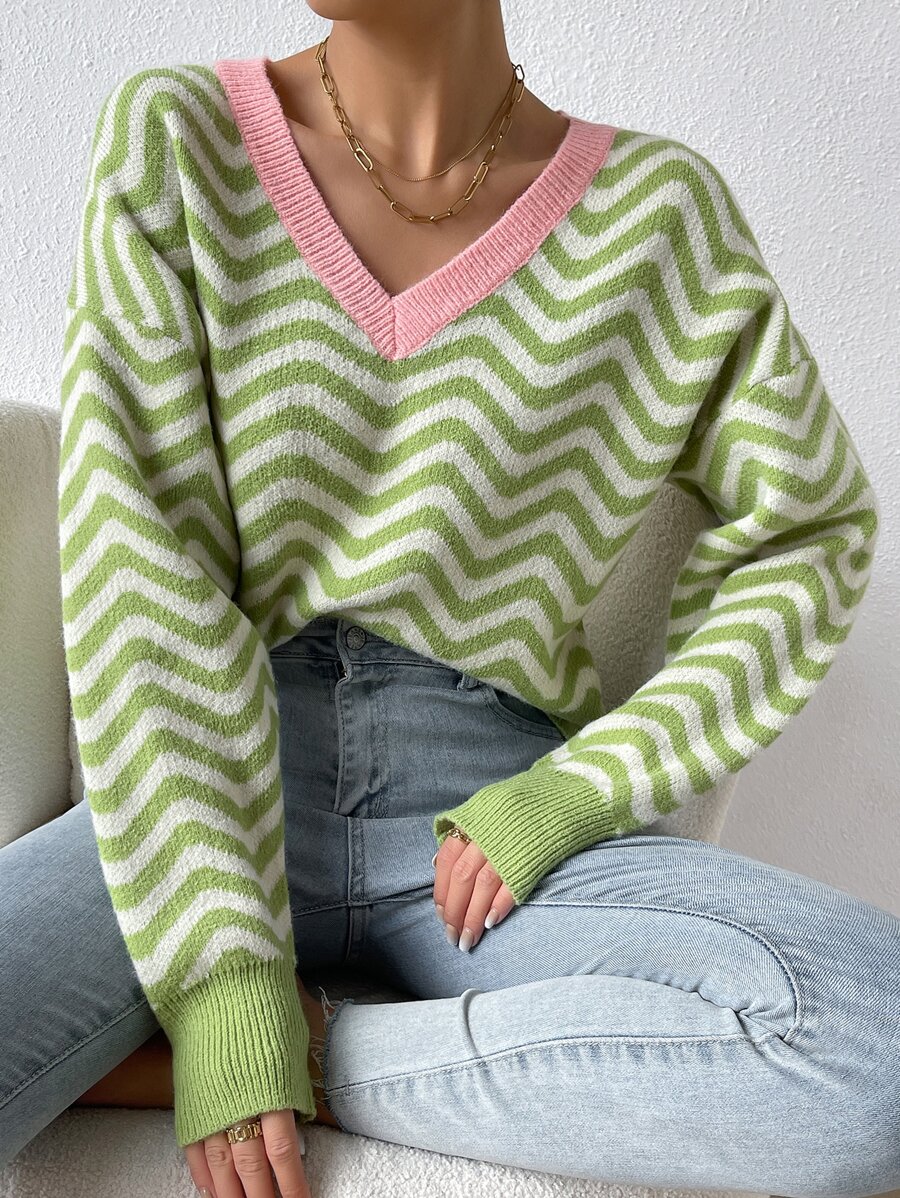 SHEIN Unity 鋸齒圖案拼接邊落肩袖套頭毛衣 - 青檸色 - 查看 1