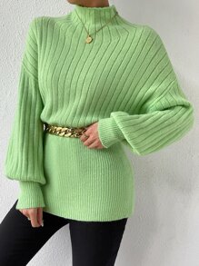Mock Neck Drop Shoulder Jumper Without Belt - Green - View 3