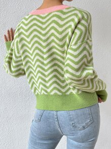 SHEIN Unity 鋸齒圖案拼接邊落肩袖套頭毛衣 - 青檸色 - 查看 2