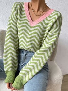 SHEIN Unity 鋸齒圖案拼接邊落肩袖套頭毛衣 - 青檸色 - 查看 3