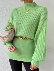 Mock Neck Drop Shoulder Jumper Without Belt - Green - View 5