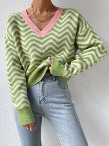 SHEIN Unity 鋸齒圖案拼接邊落肩袖套頭毛衣 - 青檸色 - 查看 4