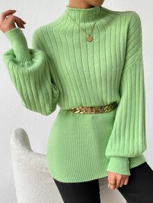 Mock Neck Drop Shoulder Jumper Without Belt - Green - View 6