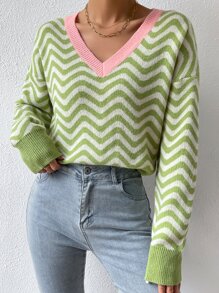 SHEIN Unity 鋸齒圖案拼接邊落肩袖套頭毛衣 - 青檸色 - 查看 6