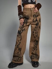 ROMWE Grunge Punk Letter Skeleton Graphic Jeans Without Belt - Brown - View 1