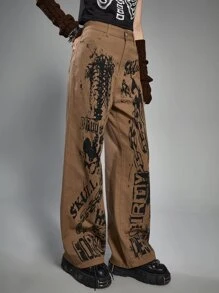 ROMWE Grunge Punk Letter Skeleton Graphic Jeans Without Belt - Brown - View 5