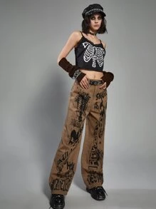 ROMWE Grunge Punk Letter Skeleton Graphic Jeans Without Belt - Brown - View 6