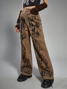 ROMWE Grunge Punk Letter Skeleton Graphic Jeans Without Belt - Brown - View 3