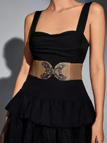 1pc Women's Hollow Out Flower Carving Buckle Waist Belt, Suitable For Party, Daily Wear Vintage Halloween Corset Summer, School Fall, Autumn, Halloween - Khaki - View 4