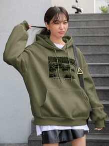 DAZY 字母和車圖案落肩袖抽繩保暖連帽衫不帶T恤 - 軍綠色 - 查看 3