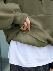 DAZY 字母和車圖案落肩袖抽繩保暖連帽衫不帶T恤 - 軍綠色 - 查看 4