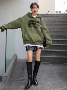 DAZY 字母和車圖案落肩袖抽繩保暖連帽衫不帶T恤 - 軍綠色 - 查看 5
