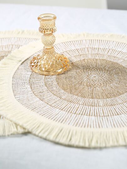 Round Printed Linen Placemat With Fringed Edge