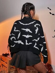 SHEIN ICON Halloween Bat Pattern Drop Shoulder Duster Cardigan - Black - View 2