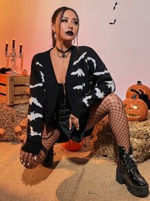 SHEIN ICON Halloween Bat Pattern Drop Shoulder Duster Cardigan - Black - View 3