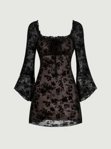 SHEIN MOD Floral Mesh Tie Front Dress - Black - View 1