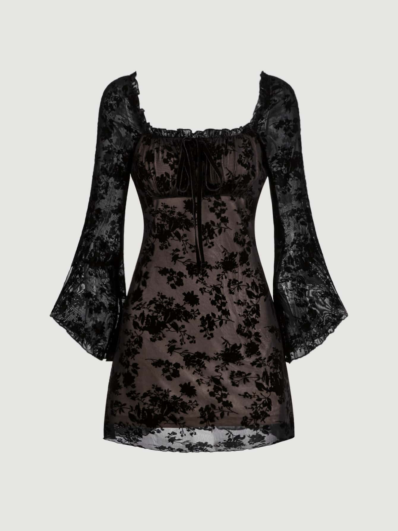 SHEIN MOD Floral Mesh Tie Front Dress - Black - View 1