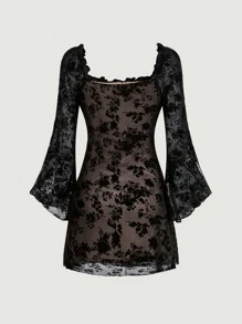 SHEIN MOD Floral Mesh Tie Front Dress - Black - View 6