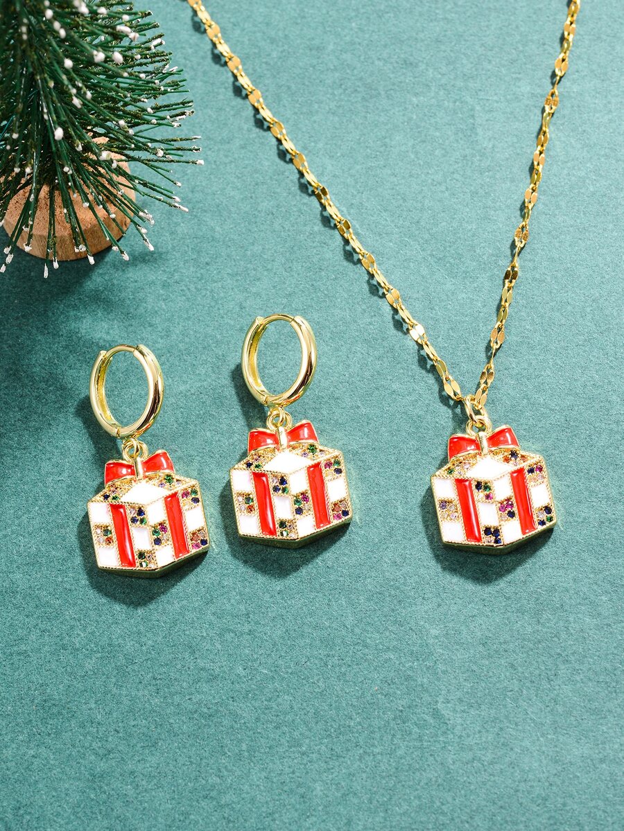 3 piezas Navidad Set joya con diseño de caja de regalo con diseño de diamante de imitación - Multicolor - Ver 1