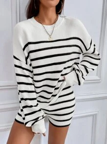 SHEIN LUNE Áo len nữ kết hợp Sọc Giải trí - Đen và trắng - Xem 4