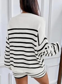 SHEIN LUNE Áo len nữ kết hợp Sọc Giải trí - Đen và trắng - Xem 2