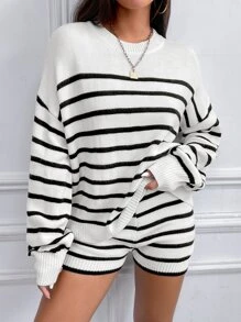 SHEIN LUNE Áo len nữ kết hợp Sọc Giải trí - Đen và trắng - Xem 3