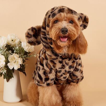 1pc Pet Dog Hoodie, Leopard Print Pattern, Fluffy Sweatshirt Material, Suitable For Small/Medium Dogs & Cats In Cold Weather, Autumn/Winter