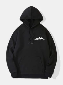 Men Mountain Print Kangaroo Pocket Drawstring Thermal Hoodie - Black - View 1