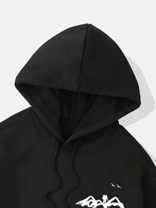 Men Mountain Print Kangaroo Pocket Drawstring Thermal Hoodie - Black - View 3