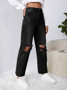 SHEIN EZwear Ripped Raw Cut Straight Leg Jeans - Black - View 3