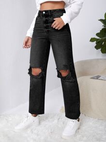 SHEIN EZwear Ripped Raw Cut Straight Leg Jeans - Black - View 4