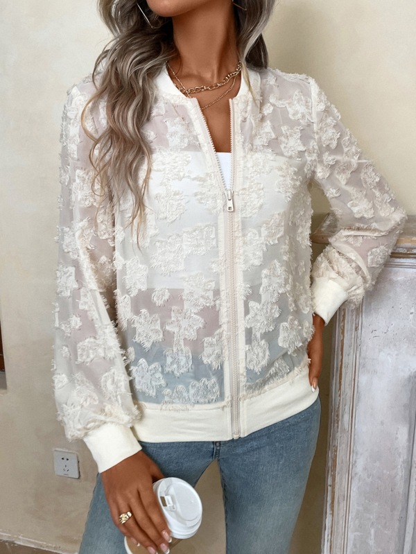Floral Pattern Zip Up Sheer Bomber Jacket SHEIN USA