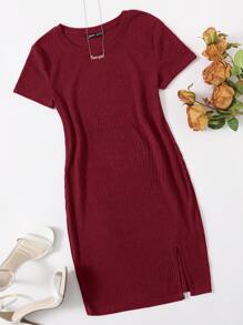SHEIN Essnce Rib-knit Split Hem Dress - Maroon - View 1