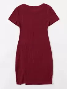 SHEIN Essnce Rib-knit Split Hem Dress - Maroon - View 2