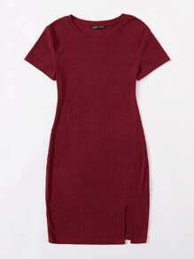 SHEIN Essnce Rib-knit Split Hem Dress - Maroon - View 3