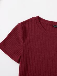 SHEIN Essnce Rib-knit Split Hem Dress - Maroon - View 4