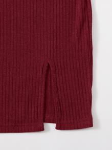 SHEIN Essnce Rib-knit Split Hem Dress - Maroon - View 5
