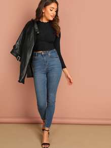 SHEIN Essnce Lettuce Trim Crop Tee - Black - View 5