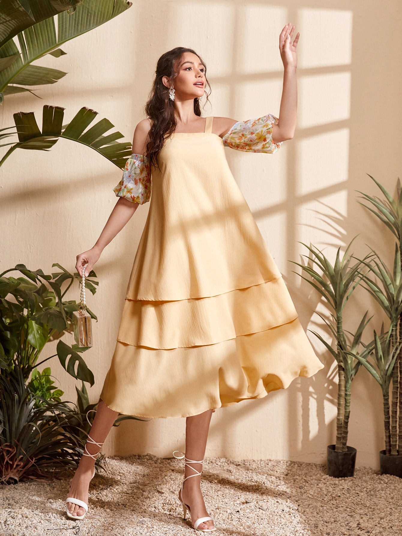 Floral Print Cold Shoulder Puff Sleeve Layered Hem Dress SHEIN UK