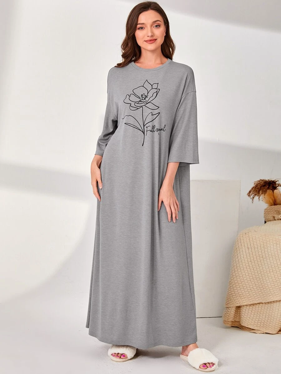 SHEIN Unity Camisón con estampado floral y hombros caídos, vestido de dormir tipo "Moo Moo", otoño - Gris - Ver 1