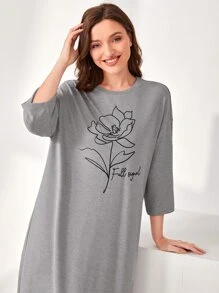 SHEIN Unity Camisón con estampado floral y hombros caídos, vestido de dormir tipo "Moo Moo", otoño - Gris - Ver 5