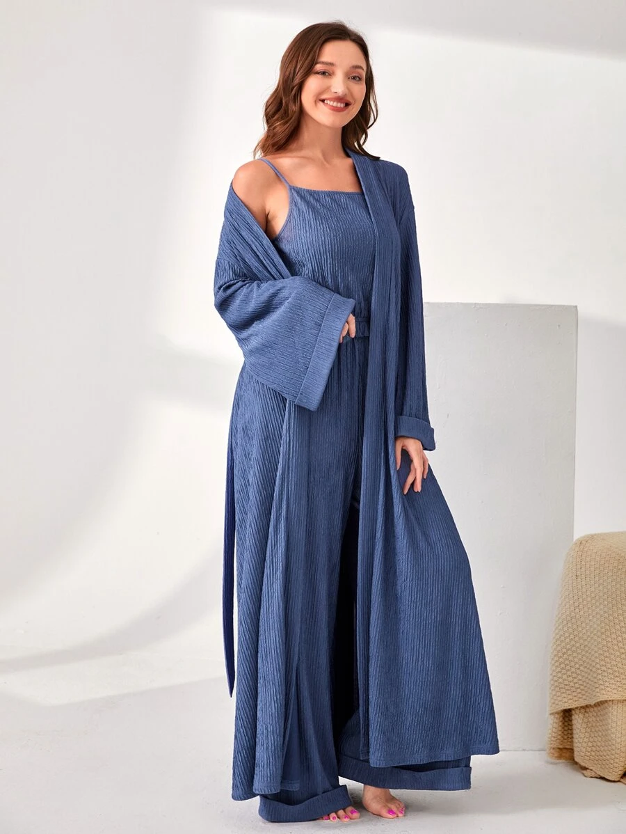 SHEIN Unity Bata tejido de canalé con cinturón sin Mono de tirantes - Neblina azul - Ver 1