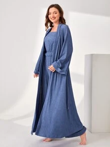 SHEIN Unity Bata tejido de canalé con cinturón sin Mono de tirantes - Neblina azul - Ver 3