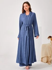 SHEIN Unity Bata tejido de canalé con cinturón sin Mono de tirantes - Neblina azul - Ver 4